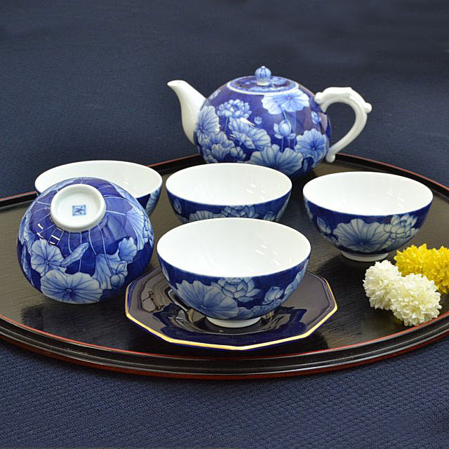 香蘭社 茶器揃 白 ポット高95mm、湯呑高70mm 青藍縞紋 2530-AHR - www