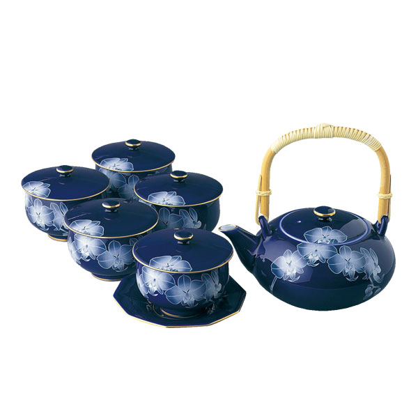 香蘭社 茶器揃 白 ポット高95mm、湯呑高70mm 青藍縞紋 2530-AHR-www